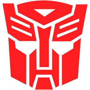 May include: A red and white Autobot symbol, a stylised robot face with a triangular head and a rectangular body.