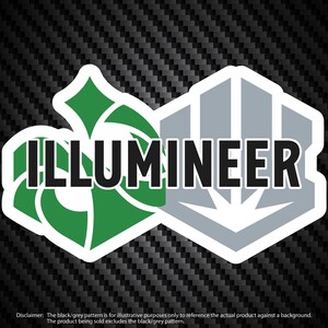 May include: A green and gray sticker with the word "ILLUMINEER" in black text.