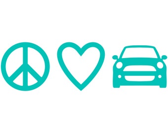 May include: A teal peace sign, heart, and a silhouette of a car. The image conveys a message of peace and love for cars.