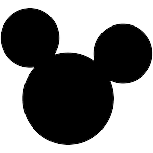 Op de afbeelding: Zwart-witte silhouet van Mickey Mouse' hoofd met grote, ronde oren.