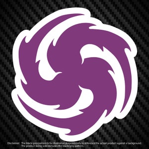 Op de afbeelding: Sticker met een paars en wit swirl-ontwerp. De sticker heeft een gestileerd, abstract ontwerp met een driedimensionaal effect.