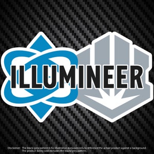 Op de afbeelding: Een blauw en wit logo met het woord "ILLUMINEER" in zwarte tekst. Het logo is op een zwarte en grijze carbonfiber achtergrond.