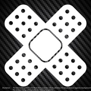 May include: White adhesive bandage with a dotted pattern, shaped like a cross. The bandage has a white square in the center.