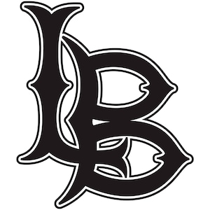 May include: Black and white stylized illustration of the letters "LB" in a decorative font.