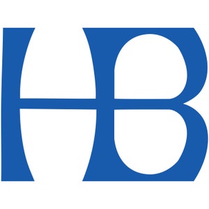 May include: A blue monogram with the letters "HB" in a stylized font.