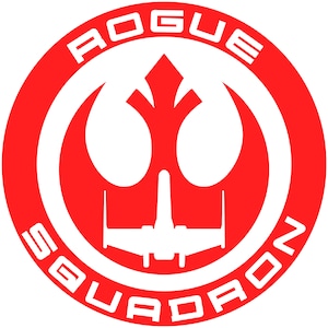 May include: A red circle with the words "ROGUE SQUADRON" in white around the edge. Inside the circle is a white rebel alliance symbol with a white X-wing spaceship in the center.
