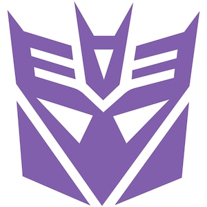 May include: Purple and white stylized symbol with a triangular shape in the centre and a series of lines on the top and bottom. The symbol is often associated with the Transformers franchise.