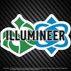 Op de afbeelding: Een sticker met een groen en blauw ontwerp en het woord "ILLUMINEER" in zwarte tekst.