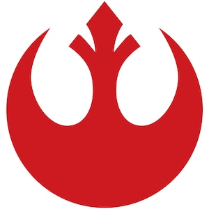 May include: A red Rebel Alliance symbol, a stylized crescent moon with a central arrow-like shape.
