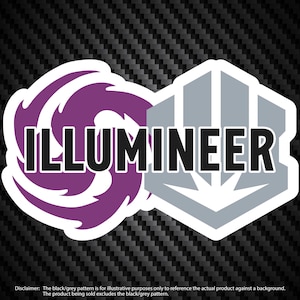 May include: A sticker with a purple swirl design and the word "ILLUMINEER" in black text. The swirl design is on the left side of the sticker and the text is on the right side. The sticker is on a black and gray carbon fiber background.