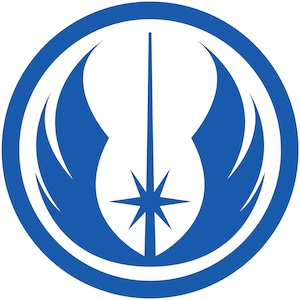 May include: A blue circle with a white star and a lightsaber in the center. The circle has a white outline and two white wings on either side of the lightsaber.