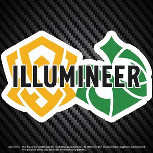 Op de afbeelding: Een sticker met een geel en groen ontwerp. De sticker heeft de tekst "ILLUMINEER" in zwarte letters.