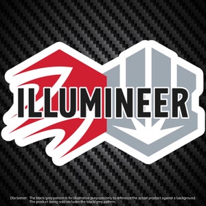 Op de afbeelding: Een sticker met het woord "ILLUMINEER" in zwarte letters. Het ontwerp is verdeeld in twee in elkaar grijpende geometrische vormen, één rood en de andere grijs. De achtergrond heeft een zwart-grijs patroon.