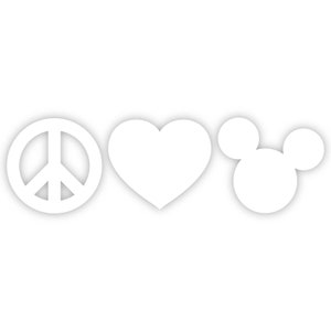 Op de afbeelding: Witte symbolen van een vredesteken, hart en Mickey Mouse hoofd.