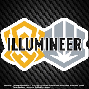 Op de afbeelding: Een zwart-witte sticker met het woord "ILLUMINEER" in vetgedrukte zwarte letters. De sticker bestaat uit twee geometrische vormen, een gele en een grijze.