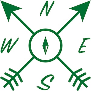 Puede incluir: Un diseño de rosa de los vientos verde con flechas que apuntan al norte, sur, este y oeste. Las letras N, S, E y O están escritas a mano. La aguja de la brújula está dentro de un círculo.