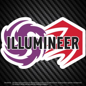 Op de afbeelding: Een sticker met een paarse en rode swirl-ontwerp en het woord "ILLUMINEER" in zwarte tekst.