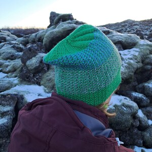 Puede incluir: Una persona lleva una gorra de punto verde, azul y gris con un patrón único. La gorra se lleva sobre una chaqueta burdeos.