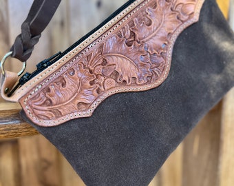 Leather Wristlet Hand Carved Suede Purse / Leather Wristlet Bag / Hand Tooled Purse with Tassel