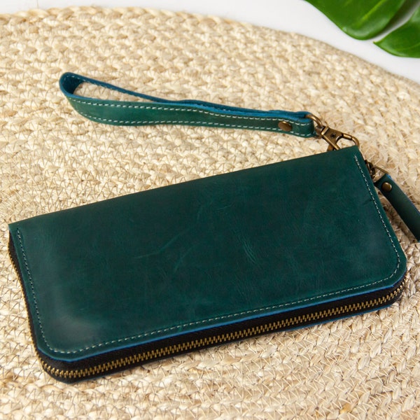 Leather long wallet with zipper, Personalized long wallet, Leather wallet with wrist strap, Custom leather wallet for women, Handmade wallet