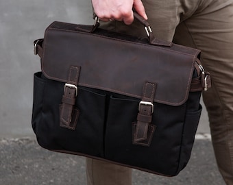 Canvas leather briefcase men, Handmade messenger bag, Laptop messenger bag canvas, Custom briefcase for men, Office briefcase, Mens satchel