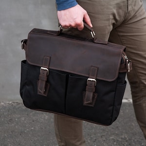 Maletín de lona de cuero para hombre, Bolso bandolera hecho a mano, Bolso bandolera de lona para portátil, Maletín personalizado para hombre, Maletín de oficina, Cartera de hombre