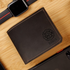 Billetera de regalo de bombero para él, billetera para papá, billetera de cuero para hombre hecha a mano, billetera de cuero para hombre personalizada, billetera de cuero para hombre personalizada