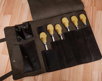 Personalized leather tool roll, Tool organizer roll, Handmade tool roll, Leather chisel roll, Leather tool holder, Roll up tool bag
