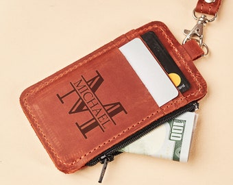 Porte-monnaie en cuir personnalisé, porte-badge en cuir personnalisé, porte-carte d'identité en cuir fait main, lanière de portefeuille en cuir