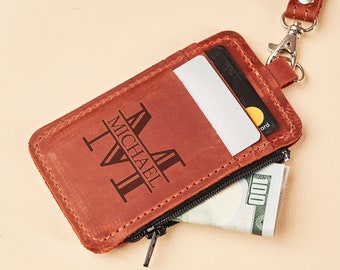 Cartera de cordón de cuero personalizada, cuero de soporte de tarjeta de identificación personalizado, soporte de tarjeta de identificación de cuero hecho a mano, cordón de billetera de identificación de cuero