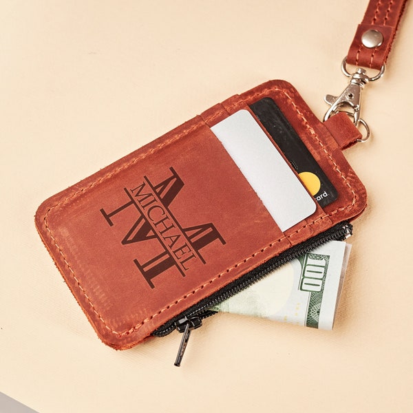 Personalized leather lanyard wallet, Custom id badge holder leather, Handmade leather id card holder, Leather id wallet lanyard