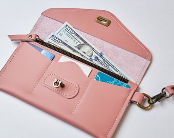 Cartera de pulsera de cuero para mujer, Cartera de cuero para teléfono, Cartera de moda, Cartera de cuero rosa, Carteras largas personalizadas, Cartera de mujer con correa