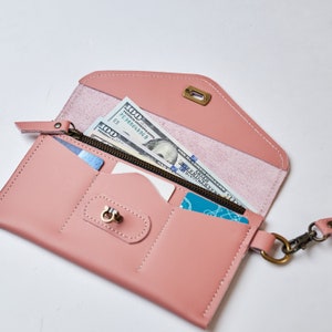 Carteira de pulso de couro para mulheres, carteira de telefone de couro, carteira de moda, carteira de couro rosa, carteiras longas personalizadas, carteira feminina com alça