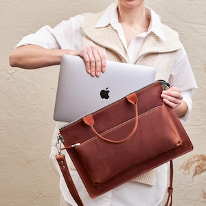 Leather laptop bag 16 inch, Leather laptop satchel, Laptop briefcase women, MacBook Pro 14 bag, MacBook Air 13 bag, Laptop bag for women image 1