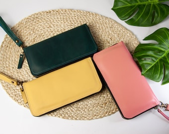 Cartera de cuero con cremallera para mujer, Cartera de cuero con cierre de muñeca, Cartera con cremallera, Cartera con cremallera para mujer, Cartera para teléfono con cremallera, Cartera larga para mujer