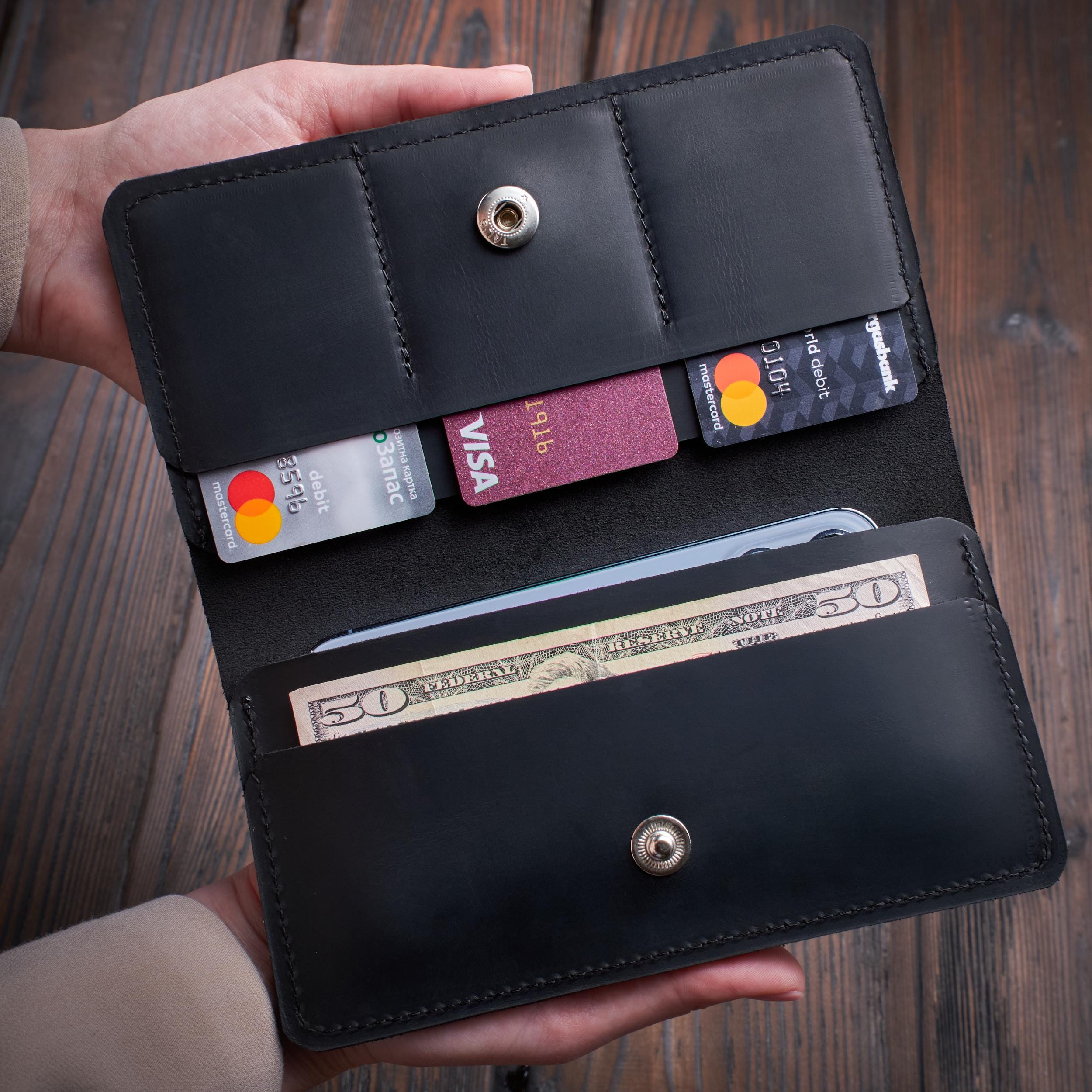 Engraved leather long wallet, Handmade leather wallet women, Personalized long wallet, Long bifold wallet, Minimalist leather wallet