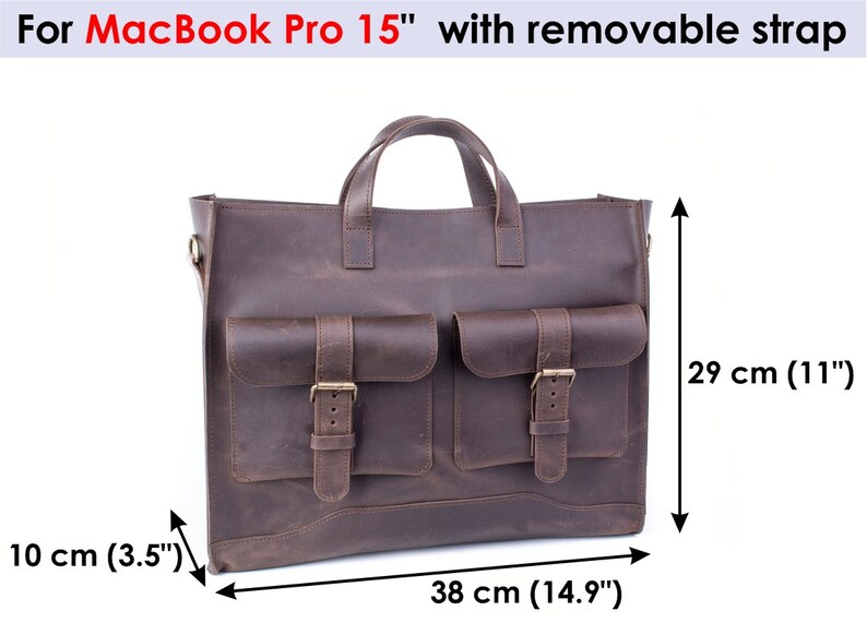 May include: A brown leather laptop bag with two front pockets and a top handle. The bag measures 14.9 inches wide, 11 inches tall, and 3.5 inches deep.