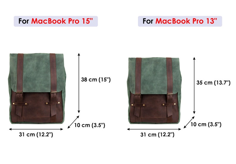 May include: Two green canvas and brown leather laptop backpacks with measurements in centimeters and inches. The backpack on the left is for a 15 inch MacBook Pro and the backpack on the right is for a 13 inch MacBook Pro.  The text reads 'For MacBook Pro 15' and 'For MacBook Pro 13'.