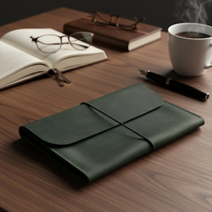 May include: A dark green leather document holder with an elastic band closure, resting on a wooden desk. A cup of coffee, a fountain pen, and two pairs of eyeglasses are also on the desk, along with two books, one open.