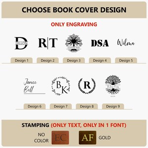K&ouml;nnte beinhalten: Eine Grafik mit neun verschiedenen Optionen f&uuml;r Buchcover-Designs. Die Designs beinhalten Initialen, einen Baum, einen Kranz und eine Unterschrift. Der Text "ONLY ENGRAVING" befindet sich oben auf der Grafik. Der Text "STAMPING (ONLY TEXT, ONLY IN 1 FONT)" befindet sich unten auf der Grafik. Die Texte "NO COLOR", "EC", "AF" und "GOLD" werden ebenfalls angezeigt.