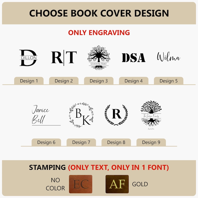 K&ouml;nnte beinhalten: Eine Grafik mit neun verschiedenen Optionen f&uuml;r Buchcover-Designs. Die Designs beinhalten Initialen, einen Baum, einen Kranz und eine Unterschrift. Der Text "ONLY ENGRAVING" befindet sich oben auf der Grafik. Der Text "STAMPING (ONLY TEXT, ONLY IN 1 FONT)" befindet sich unten auf der Grafik. Die Texte "NO COLOR", "EC", "AF" und "GOLD" werden ebenfalls angezeigt.
