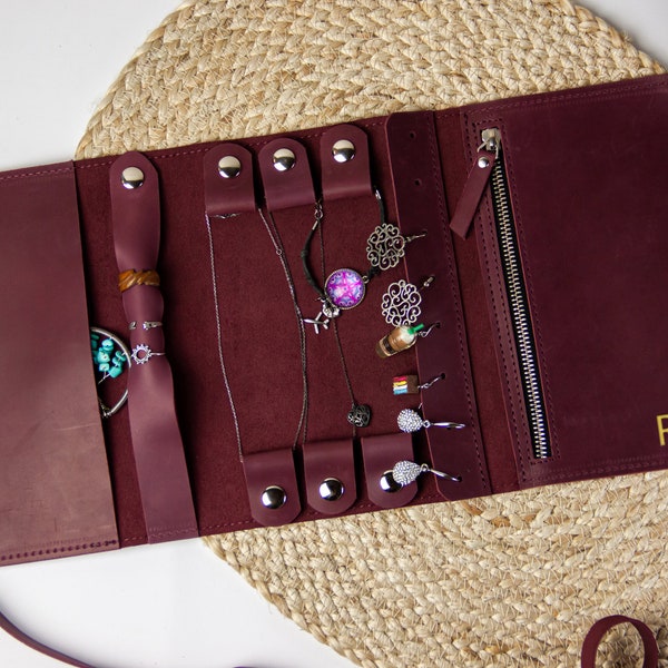 Organizador de joyas de piel, estuche de viaje enrollable para joyas, soporte de joyas de piel, estuche de viaje de piel para joyas, organizador de joyas personalizado