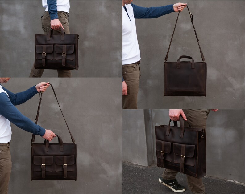 May include: A brown leather briefcase with two front pockets and a shoulder strap. The bag has a flap closure with buckles.