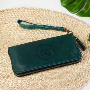 Cartera larga de piel con cremallera, Cartera larga personalizada, Cartera de piel con correa para la muñeca, Cartera de piel personalizada para mujer, Cartera hecha a mano