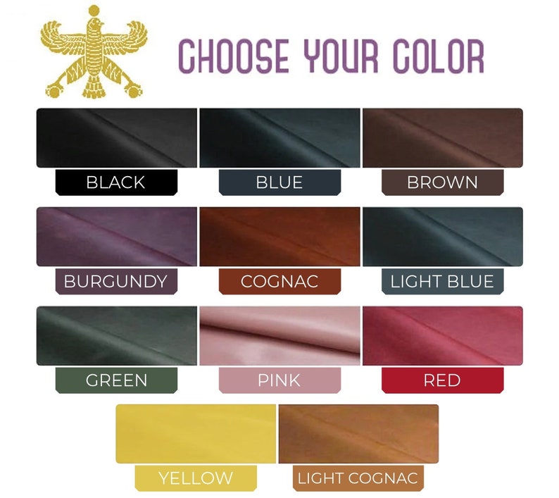 May include: A color chart showing 12 different leather colors: black, blue, brown, burgundy, cognac, light blue, green, pink, red, yellow, and light cognac. The text 'CHOOSE YOUR COLOR' is at the top of the chart.