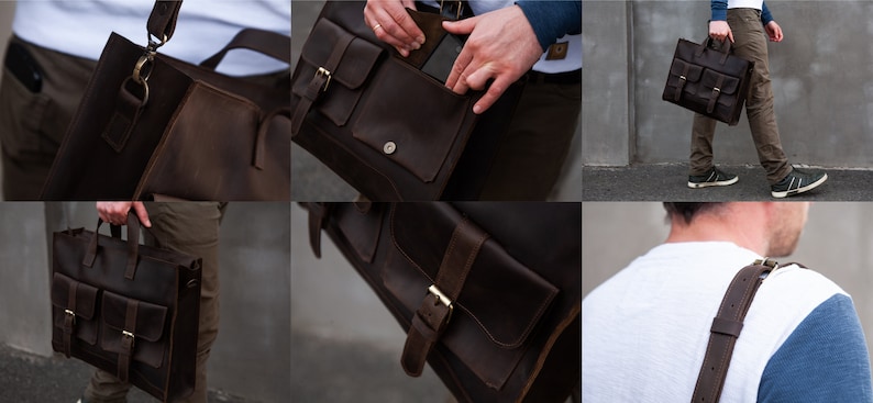 May include: A brown leather messenger bag with two front pockets and a buckle closure. The bag has a long adjustable strap and a top handle.
