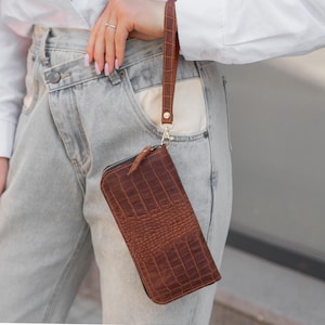 Cartera de cuero con cierre de cremallera, Cartera con relieve de cocodrilo, Cartera de cuero para mujer, Cartera grande de cuero, Cartera de cuero para mujer