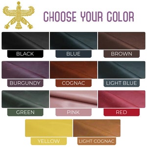 May include: A color chart showing 12 different leather colors: black, blue, brown, burgundy, cognac, light blue, green, pink, red, yellow, and light cognac.  The text "CHOOSE YOUR COLOR" is at the top of the chart.