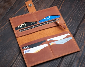 Сustom leather long wallet, Monogrammed womens wallet, Handmade long wallet women, Leather wallet with initials, Slim long wallet