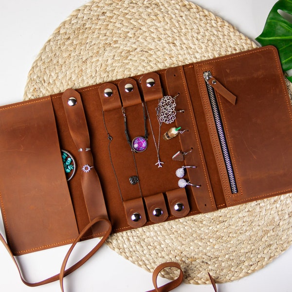 Estuche de viaje de piel para joyas, Almacenamiento de joyas de piel, Organizador de joyas personalizado, Estuche enrollable de piel para joyas, Estuche enrollable personalizado para joyas